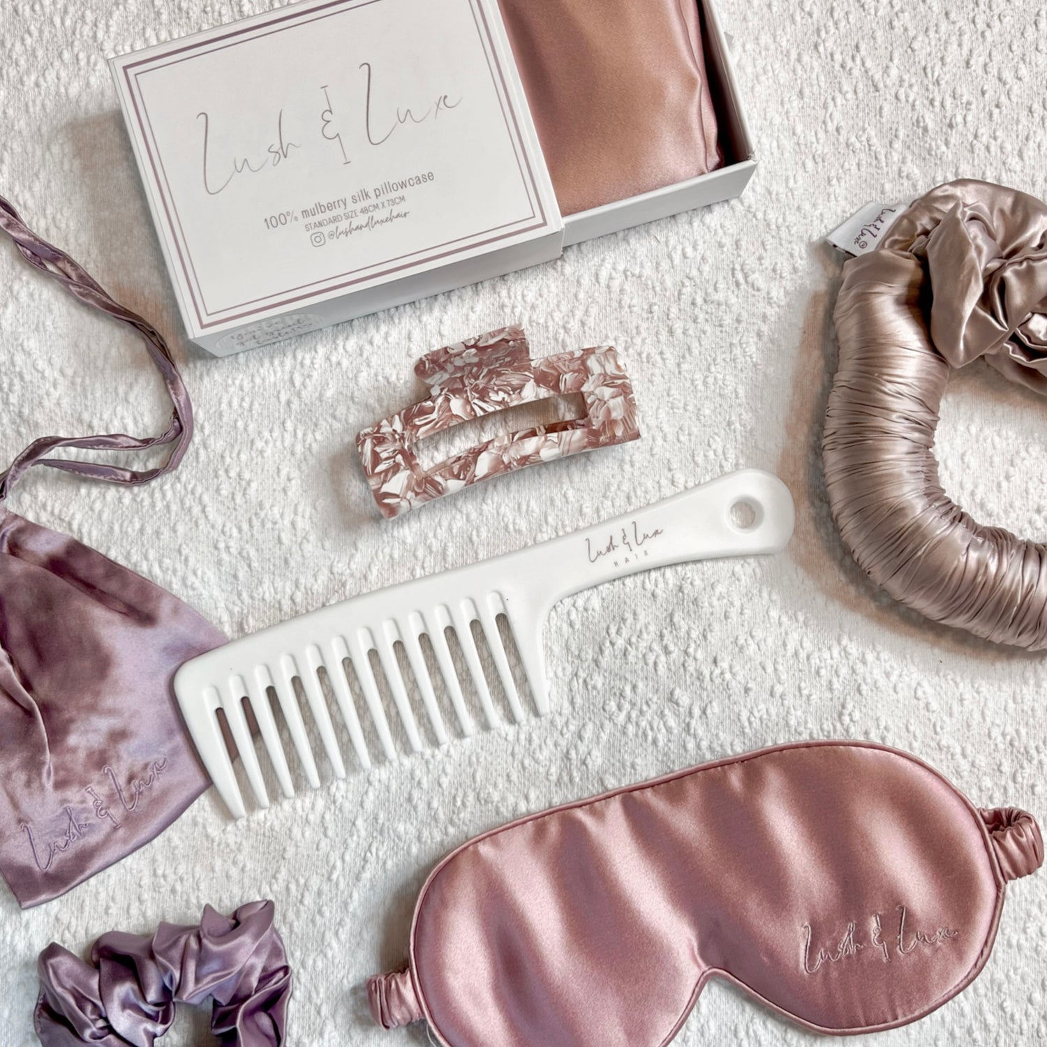Lush and Luxe Hair product collection 100% mulberry silk hair care products and accessories 